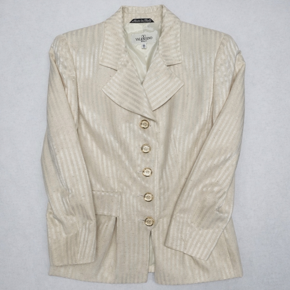 Valentino Miss V Ivory Silk Blend Textured Blazer IT 40 US 6 Made in Italy